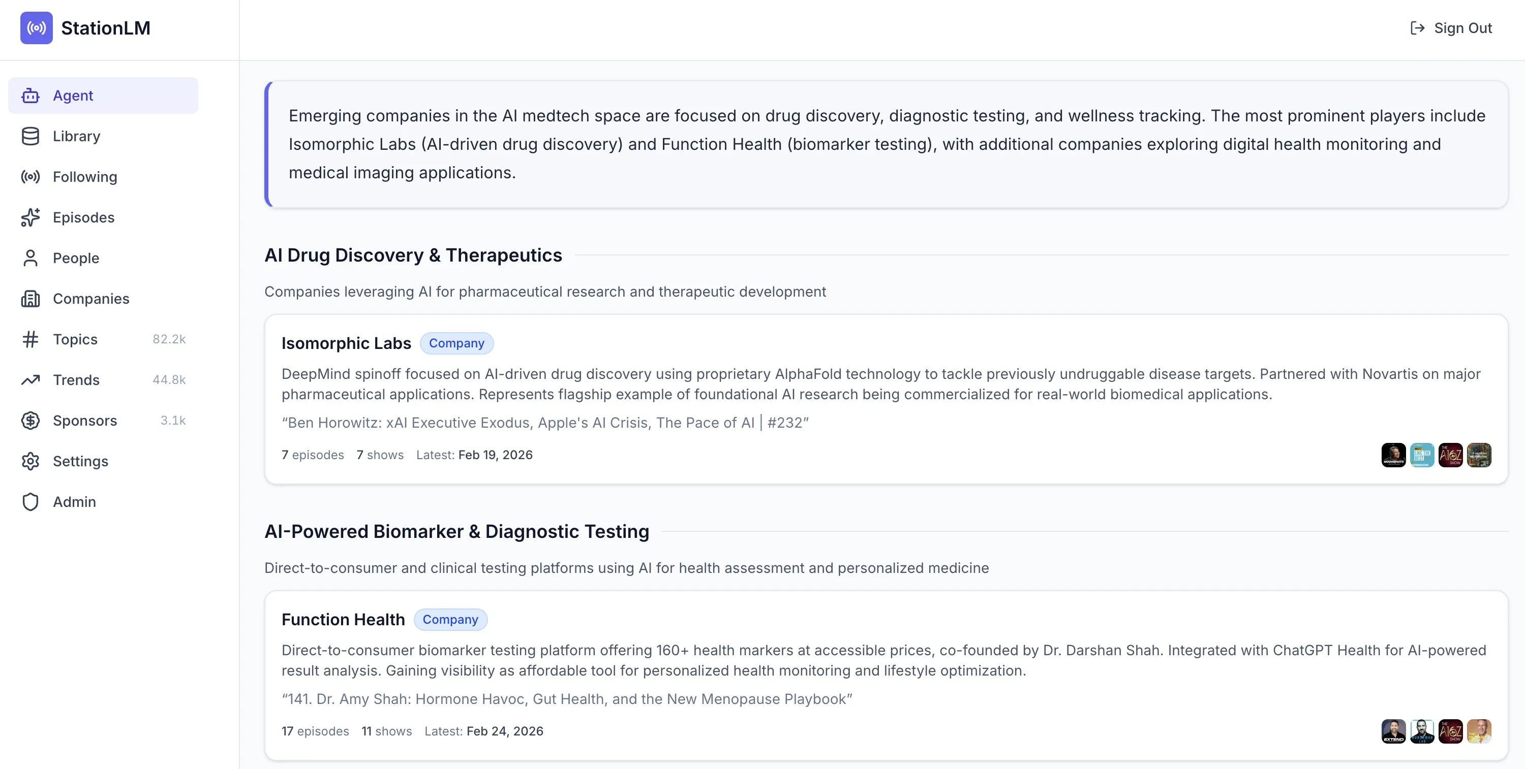 Agent research brief showing structured results with entity cards for people, companies, and topics