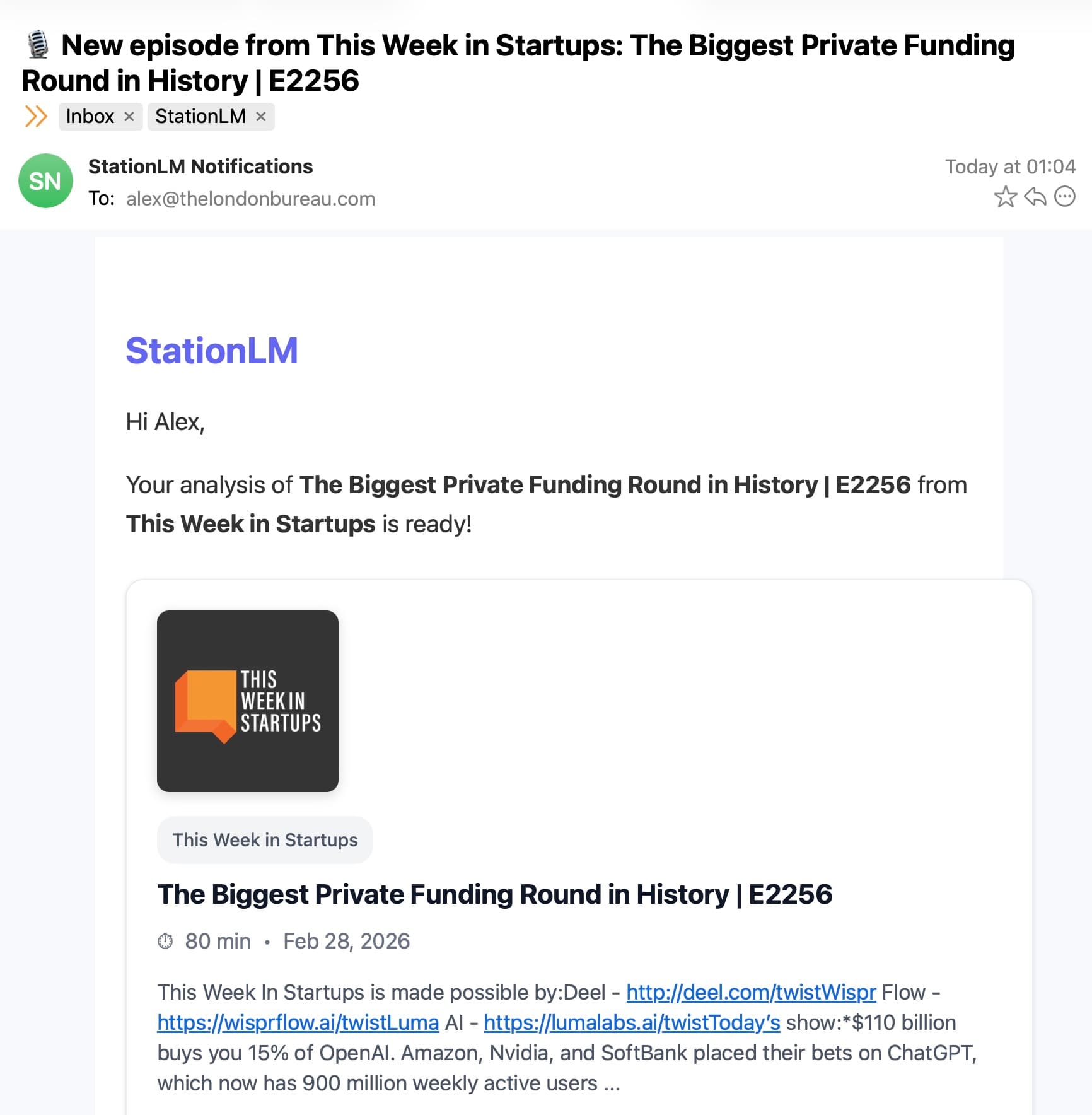 Alert notification showing a new entity mention