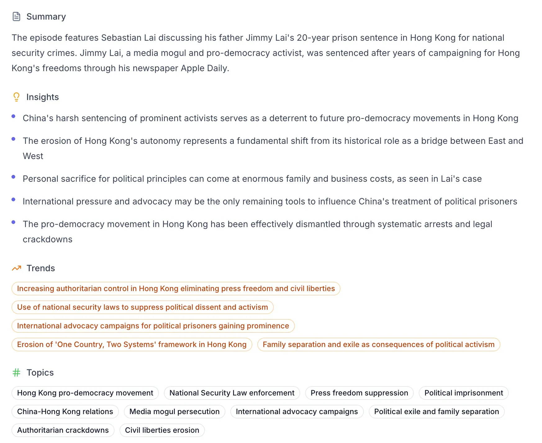 Episode analysis with insights and key quotes