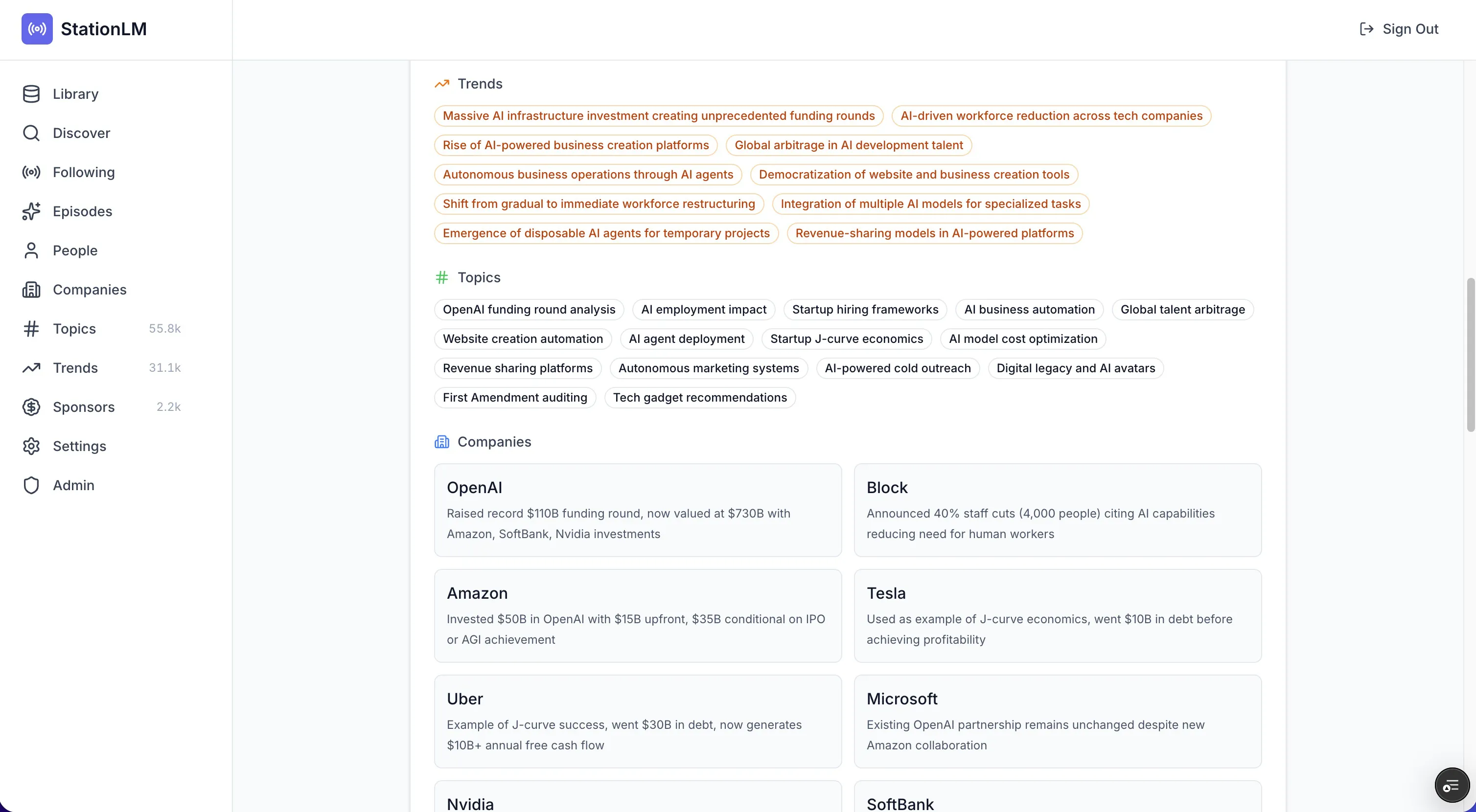 Full analysis page showing summary, insights, quotes, and extracted entities